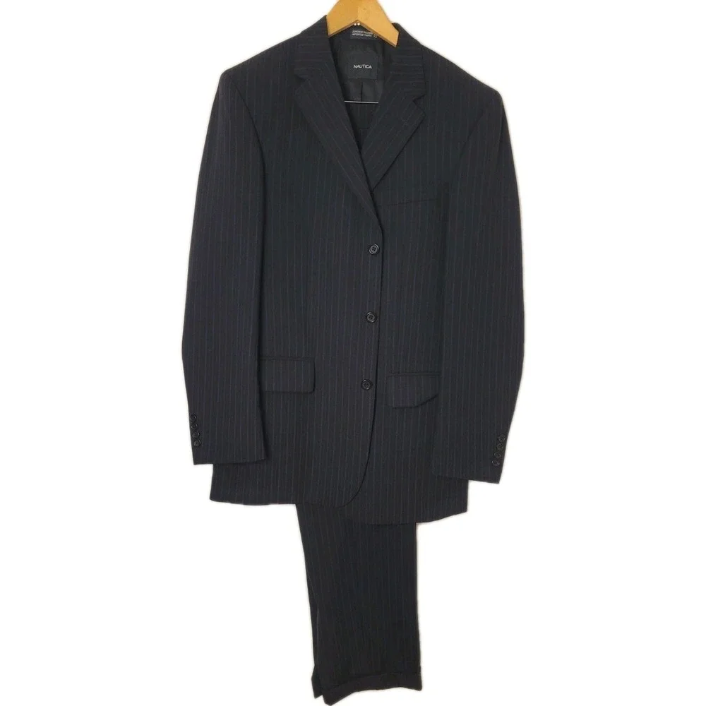 Nautica 2 Piece Suit 42L Navy Pinstripe‎ Jacket Pant 33x33 Pleated Cuff Wool